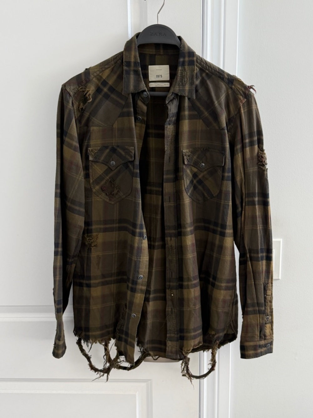 Zara Olive Plaid Distressed Shirt Jacket